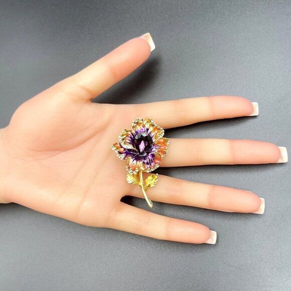 Yellow Gold with Amethyst and Diamond Crystal Enamel Flower Pin Back Brooch - Picture 8 of 8